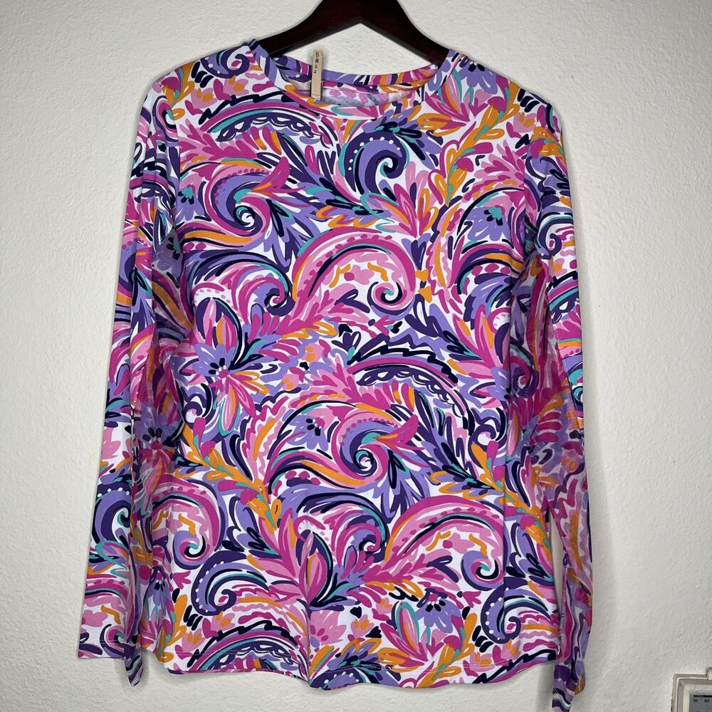 IBKUL UPF 50+ Round Neck Colorful Shirt Top Long Sleeve SZ L Pullover Golf Knit